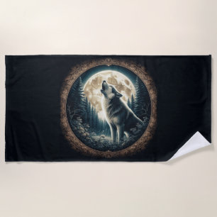 Toalla De Playa Clásico, lobo vintage y luna