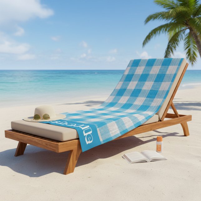 Toalla De Playa Coastal Blue Gingham Personalizada (Classic Navy Gingham Round Beach Towel)