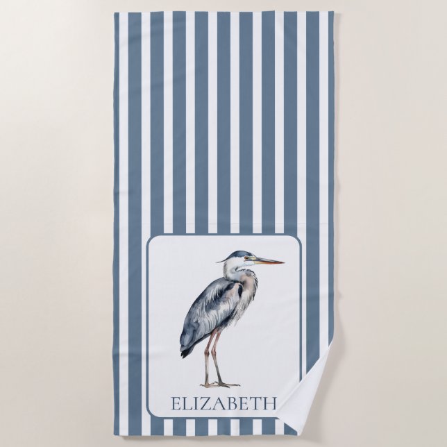 Toalla De Playa Coastal Blue Heron Bird Personalized (Anverso)