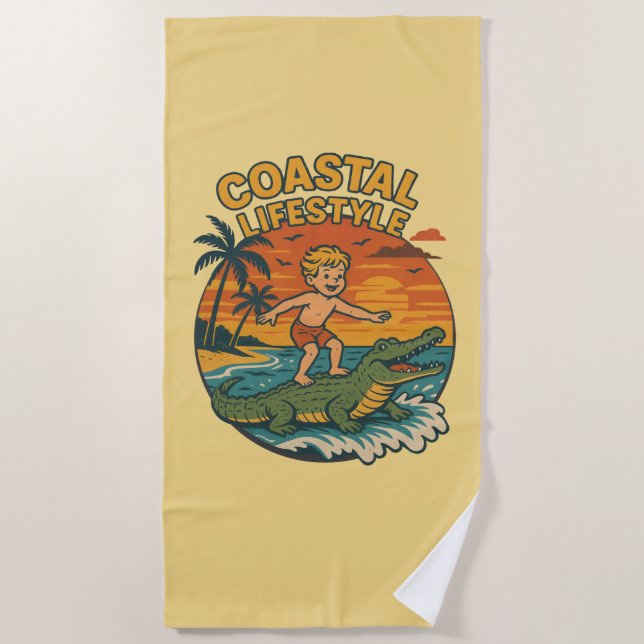 Toalla De Playa Coastal Lifestyle Alligator Surfing Retro Surf Art (Anverso)