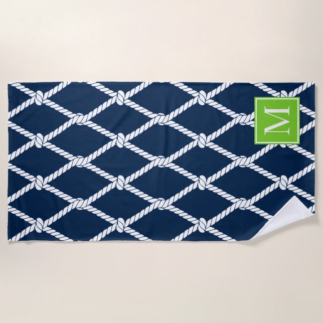 Toalla De Playa Coastal Preppy Nautical Monogram  – Navy & Lime (Anverso)