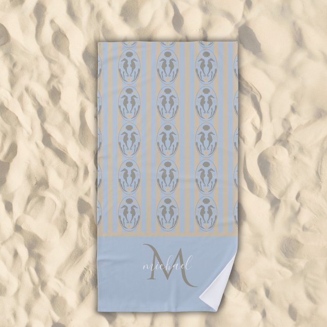 Toalla De Playa Coastal Seahorse Cameo Blue Cream Strip Monogram  (Subido por el creador)