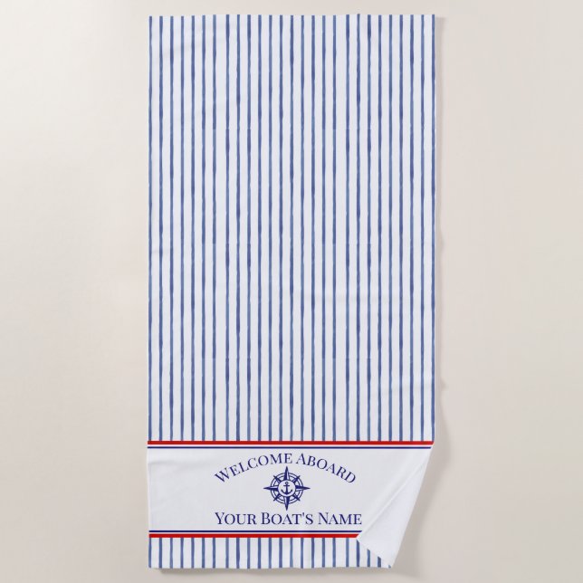 Toalla De Playa Coastal Stripe Monogram Boat Name Design (Anverso)