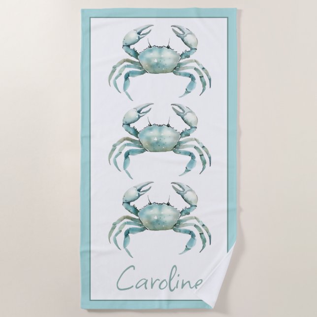 Toalla De Playa Coastal Watercolor Crab Personalized (Anverso)
