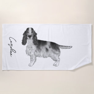 Toalla De Playa Cocker Spaniel en negro y blanco y texto personali