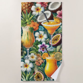 Toalla De Playa Cóctel tropical y diseño floral