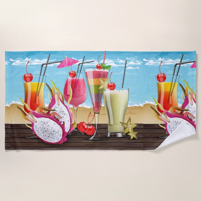Toalla De Playa Cócteles de verano (A vibrant beach towel design showcases a refreshing array of tropical cocktails.)