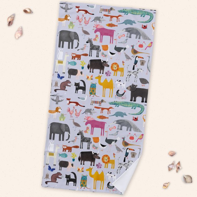 Toalla De Playa Colección de Animales (Fun animal menagerie with wild, safari, zoo and pet animals and birds pattern beach towel)