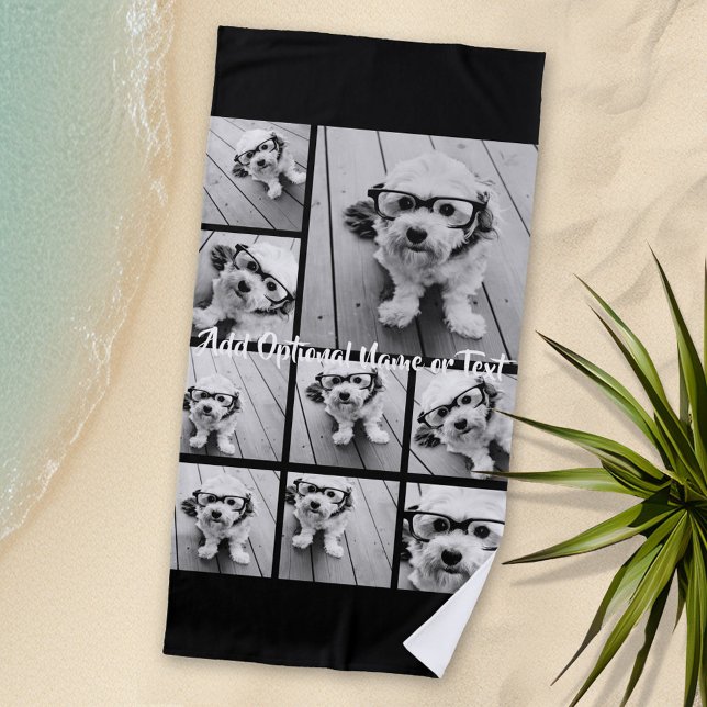 Toalla De Playa Collage de Black 9 Photo Square - con escritura bl (Personalized Beach Towel - Photo Collage with area for monogram or text)
