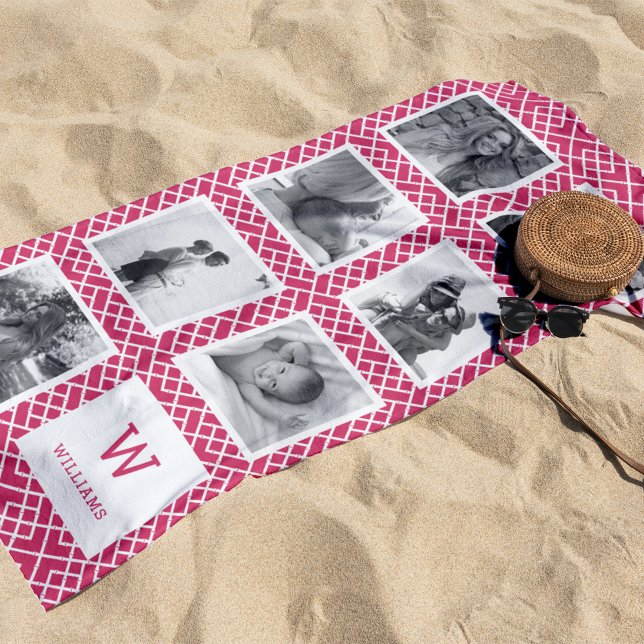 Toalla De Playa Collage de fotos blanco y negro | Monograma rosa (Subido por el creador)