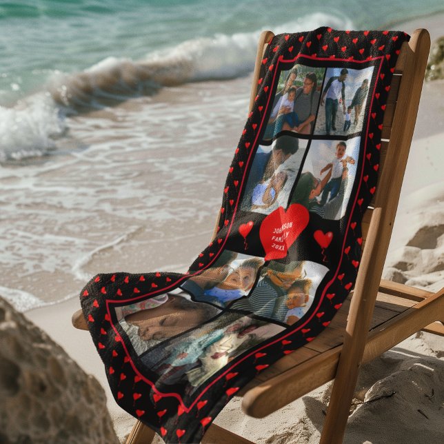 Toalla De Playa Collage de fotos Familia Personalizada Corazón Roj (Photo Collage Family Personalized Red Heart & Name Beach Towel)