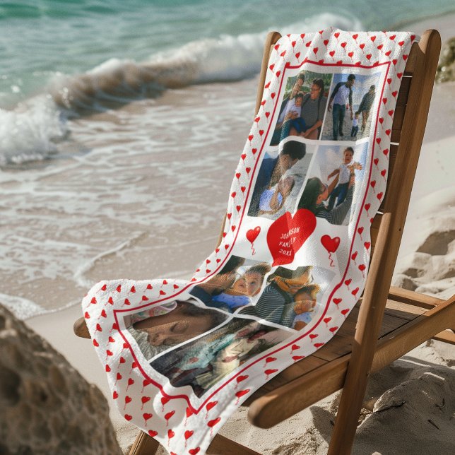 Toalla De Playa Collage de fotos Personalizado Corazón Rojo y Nomb (Photo Collage Personalized Red Heart & Name White Beach Towel)