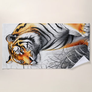 Toalla De Playa Color del arte del tigre Dibujo parcial blanco neg