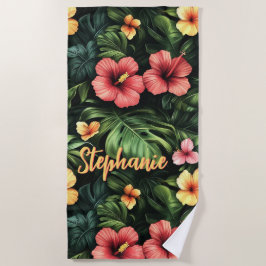 Toalla De Playa Color tropical rosa y amarillo hibiscus floral