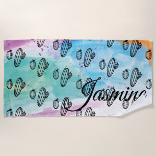 Toalla De Playa Colores de agua de mano Cactus Colorful Fun Paint 