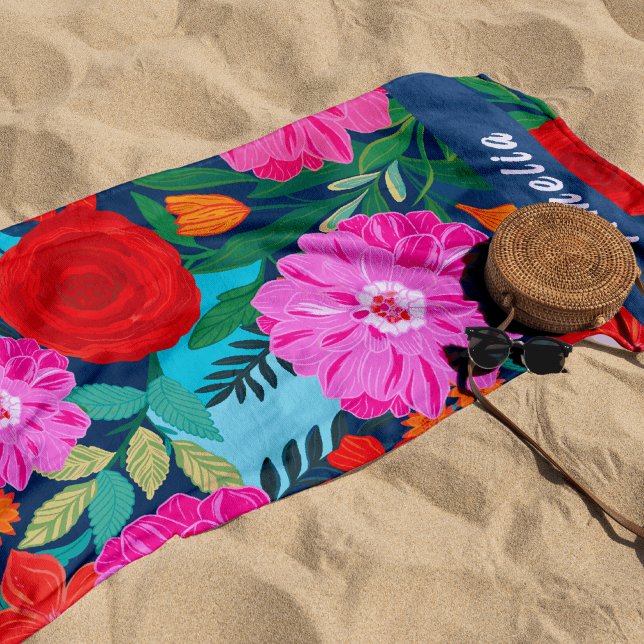 Toalla De Playa Coloridas vacaciones florales rosas personalizadas (Subido por el creador)