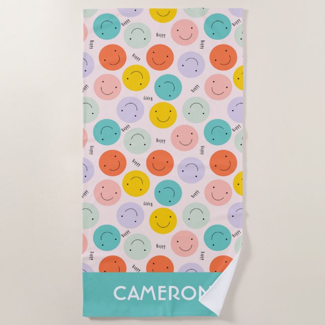 Toalla De Playa Colorido Patrón sonriente de cara feliz (Anverso)