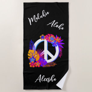 Toalla De Playa Colorido Tropical Hawai Peace Love Black
