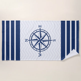 Toalla De Playa Compass on White con rayas azules