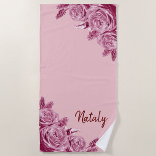 Toalla De Playa Composición de flor rosa con nombre