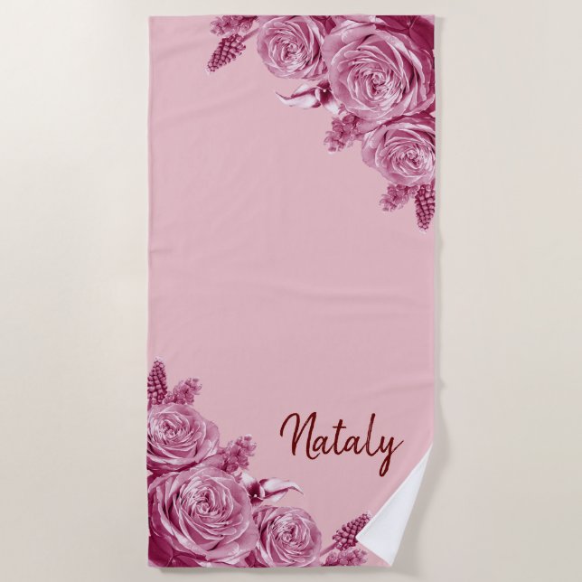 Toalla De Playa Composición de flor rosa con nombre (Anverso)
