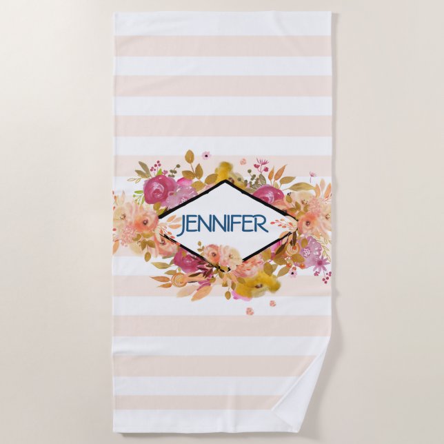 Toalla De Playa Comprimido floral rosado con marco de diamante (Anverso)
