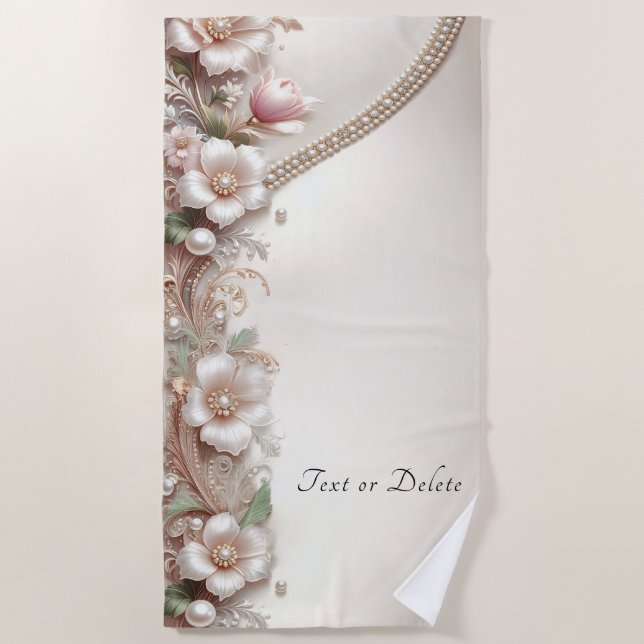 Toalla de playa con adornos florales y perlas (Anverso)