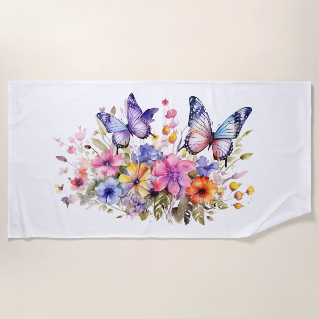 Toalla de playa con estampado de flores mariposa (Anverso)