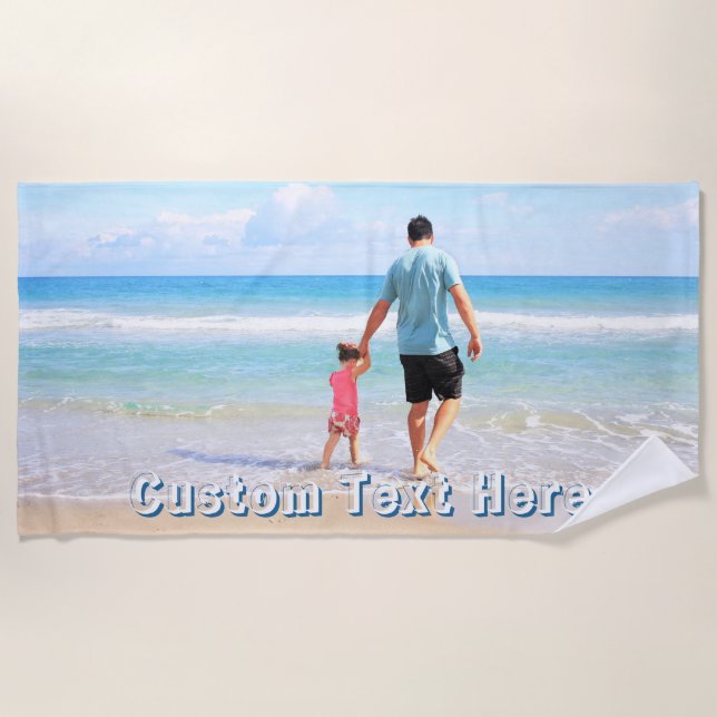 Toalla de playa con foto personalizada y texto (Anverso)