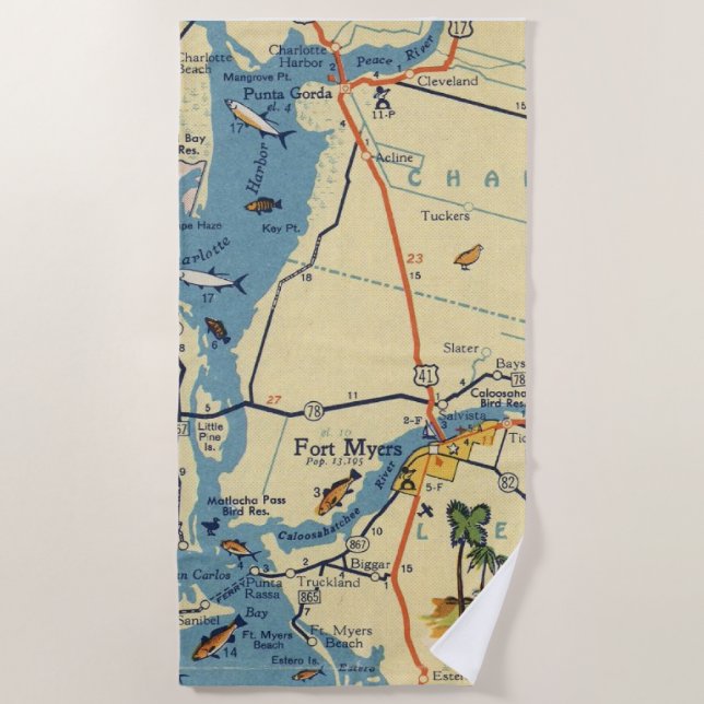 Toalla de playa con mapa de Ft Myers (Anverso)