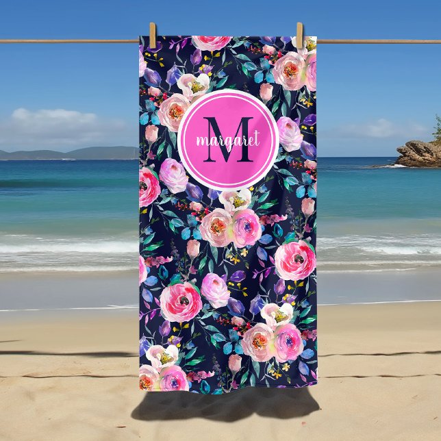 Toalla de playa con monograma boho floral rosa y a (Subido por el creador)