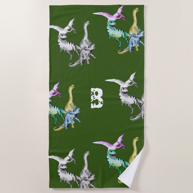 Toalla de playa con monograma de dinosaurio pintad (Anverso)