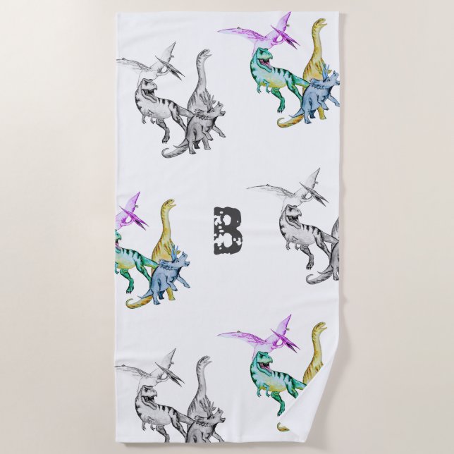 Toalla de playa con monograma de dinosaurios para  (Anverso)