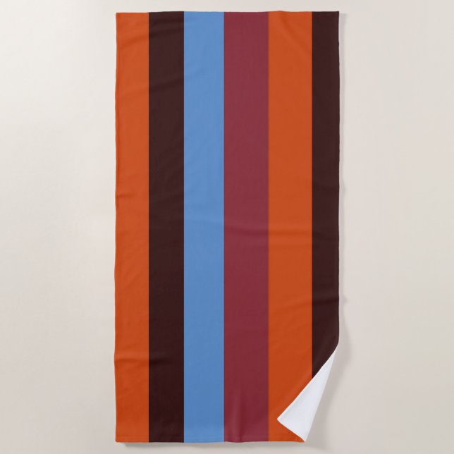Toalla de playa con rayas azules, naranjas, marron (Anverso)