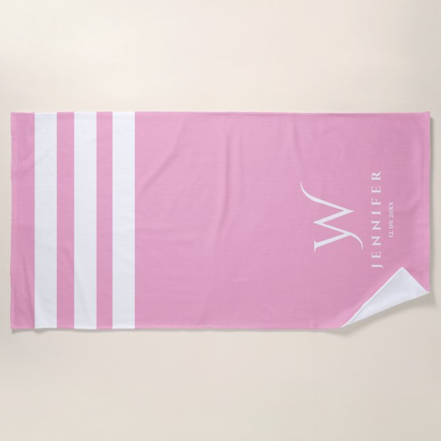 Toalla de playa con rayas rosadas personalizadas (Anverso)