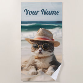 Toalla De Playa Coole Katze am Strand mit Sonnenbrille und Hut -