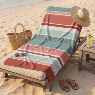 Toalla De Playa Coral Rojo Personalizado Verde Mar Blush Rosa Raya