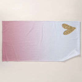 Toalla De Playa Corazón Purpurina Oro Ombre Blanco Rosa