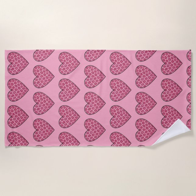 Toalla De Playa Corazones de estampado de guepardo rosa (Anverso)