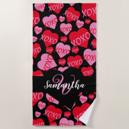 Toalla De Playa Corazones de patrón XOXO Amor Rojo Rosa Negro Mono