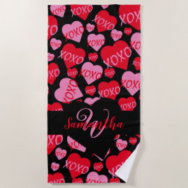 Toalla De Playa Corazones de patrón XOXO Amor Rojo Rosa Negro Mono