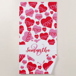 Toalla De Playa Corazones de patrón XOXO Amor Rojo Rosado Monogram