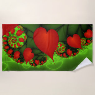Toalla De Playa Corazones rojos animan el arte fractal verde moder