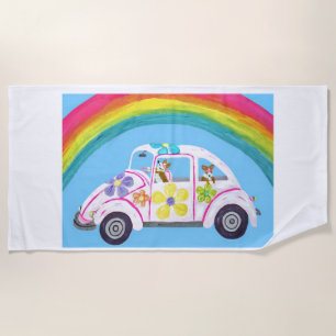 Toalla De Playa Corgis en coche hippie en la playa con un arcoíris