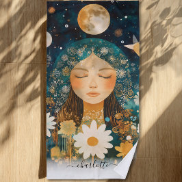 Toalla De Playa Cosmic Girl Boho Moon & Daisy Illustration Custom