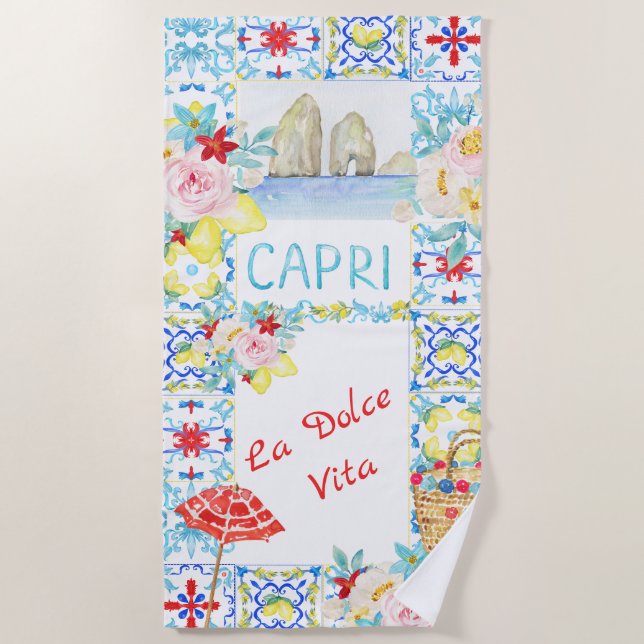 Toalla De Playa Costa de Amalfi Baldosas Azules Capri Boda (Anverso)