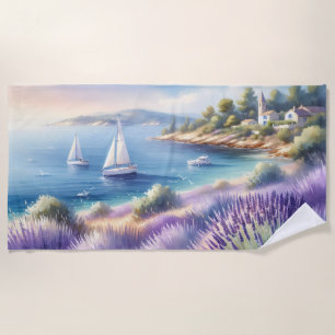 Toalla De Playa Costa mediterránea de Lavanda con veleros