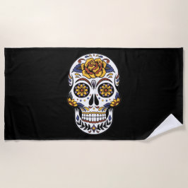 Toalla De Playa Cráneo de azúcar rosa amarillo en negro