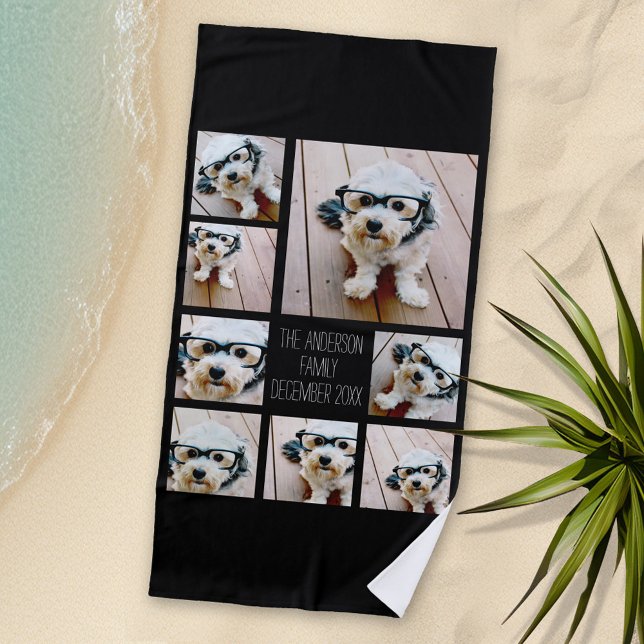 Toalla De Playa Crear un Collage de fotos Personalizado con 8 foto (Personalized Beach Towel with Photos and Text)