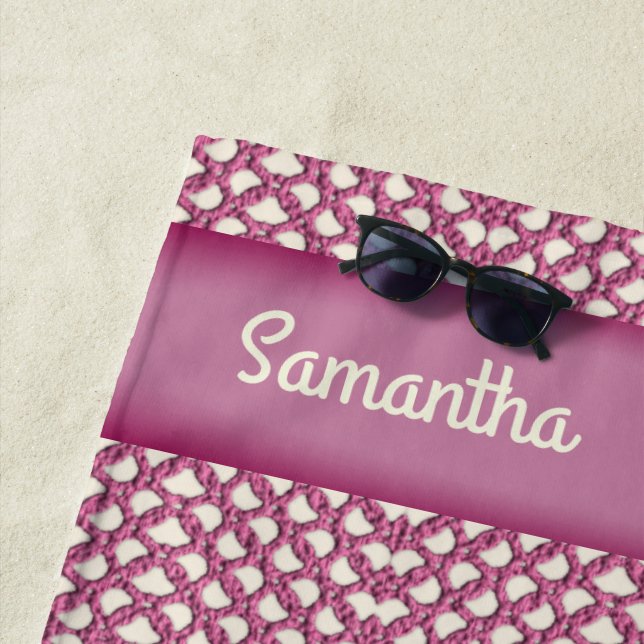 Toalla De Playa Crochet Yarn rosa - Personalizar con su nombre (In situ)